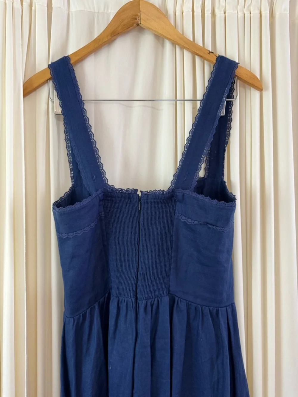 Reformation Rowen Sleeveless Smock Tiered Linen Midi Summer Dress Navy Blue Sz 8 - Picture 7 of 8